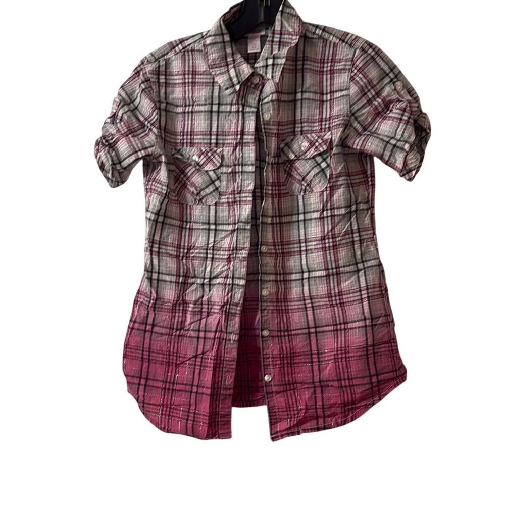 Justice Pink and Black Plaid Shirt Girls Size 12 Button Up - Picture 2 of 4